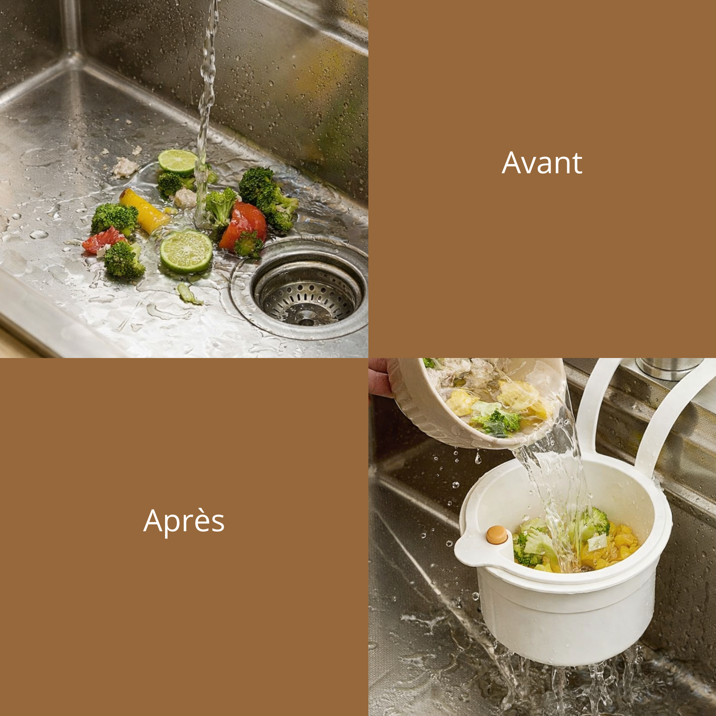 Égouttoir d’évier avec filtre et bouton de vidage